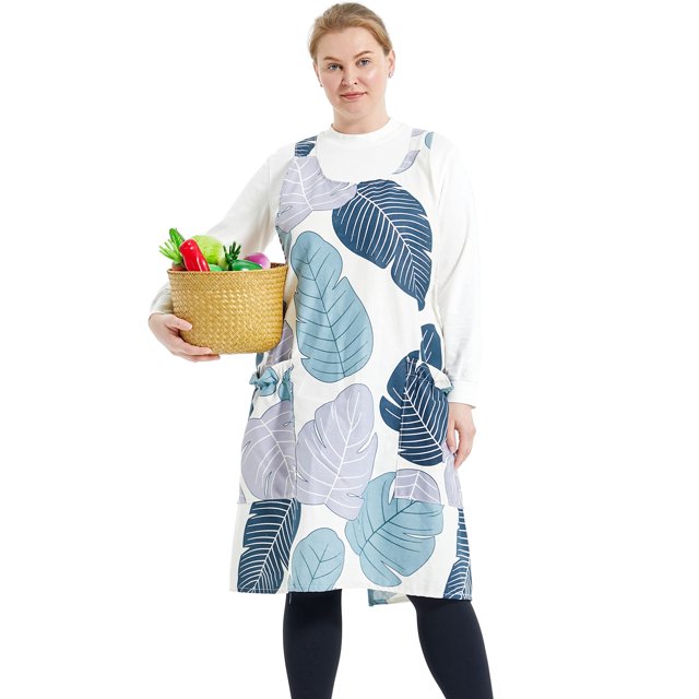 Apronner Delantales Grandes De Tamaño Grande Para Mujer Con Bolsillos De Algodón Y Lino Para Hornear Cocina, Hoja De Plátano