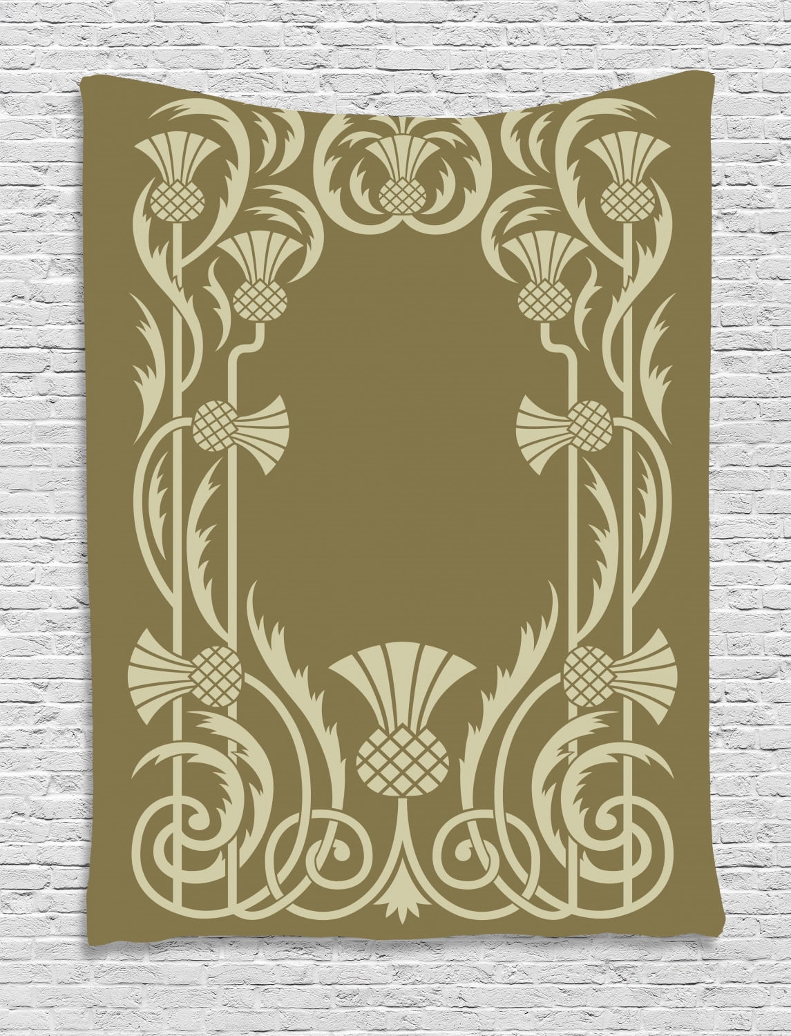 Art Nouveau Tapestry, Floral Border with Tropical Pineapple Fruits Leaves Retro Style Swirls