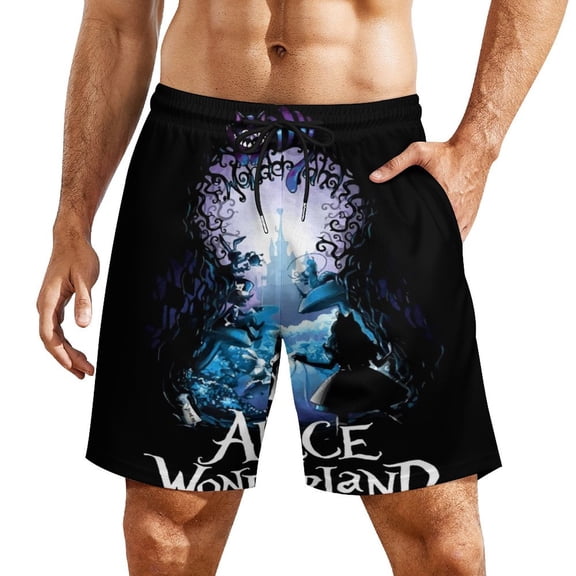 Mens Alice in Wonden-Lan Swim Trunks with Compression Liner Stretch Board Shorts 2 in 1 Quick Dry Swimwear Bathing Suits