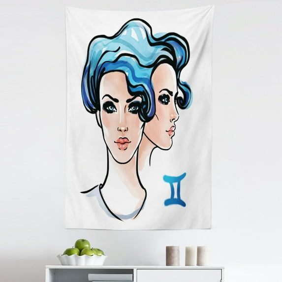 Zodiac Gemini Tapestry, Ink and Watercolor Art Young Women Portraits of Air Sign, Fabric Wall Hanging Decor for Bedroom Living Room Dorm, 5 Sizes, Pale Peach Black, by Ambesonne