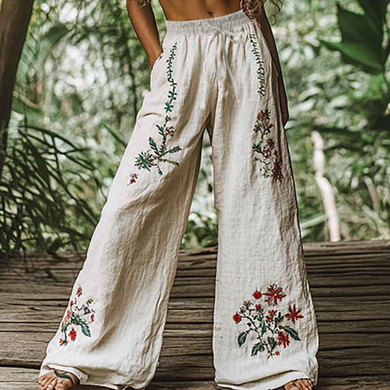 holiday dress pants women yunLCZ Womens Dress Pants Holiday Style Retro Linen Floral Ethnic Print  Casual Pants For Women – Comfortable Relaxed Fit Perfect For Summer Beach  And