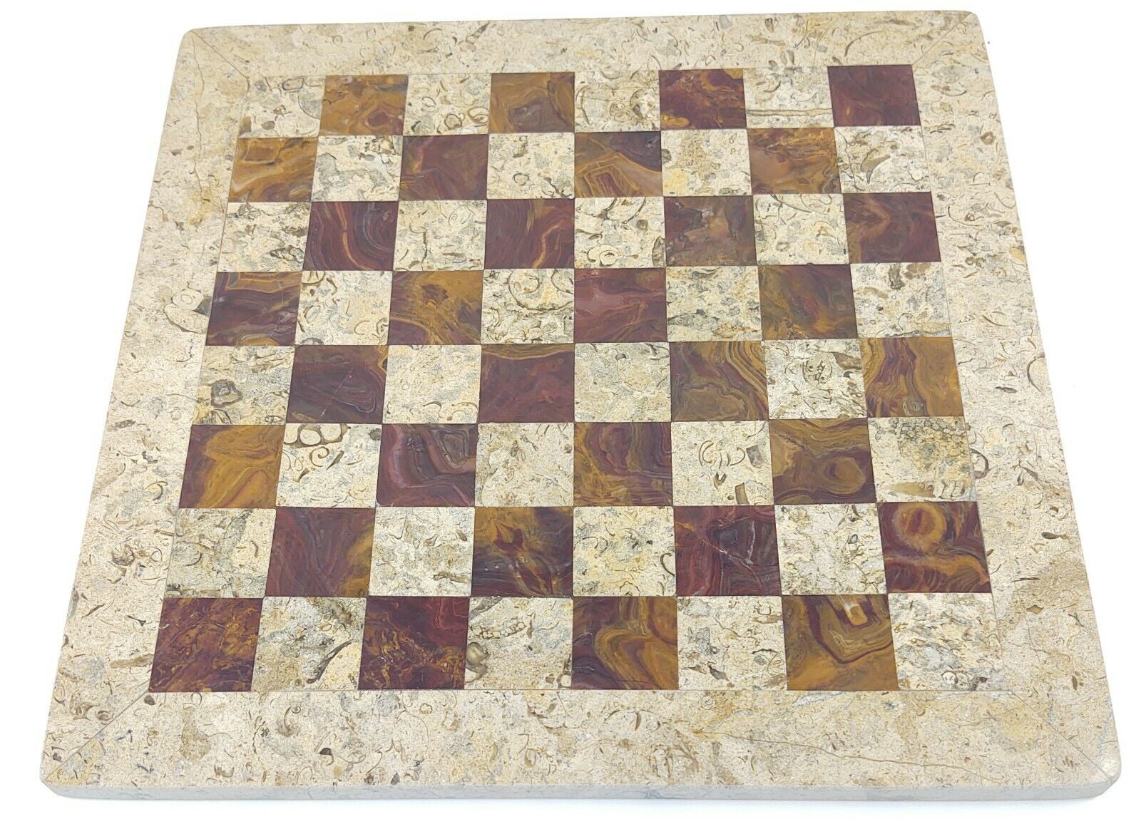 JT Handmade Fossil Coral and Dark Brown / Red Marble Chess Game Set – 12 inch