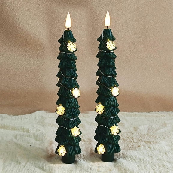 XINAOBAOLUO 2 PCS Christmas Tree Candles with Snowflake Lights, Wax Flameless Taper Candles Flickering, Green LED Candle Holders Battery Operated for New Year Celebration Holiday Decorations 9.4 Inch