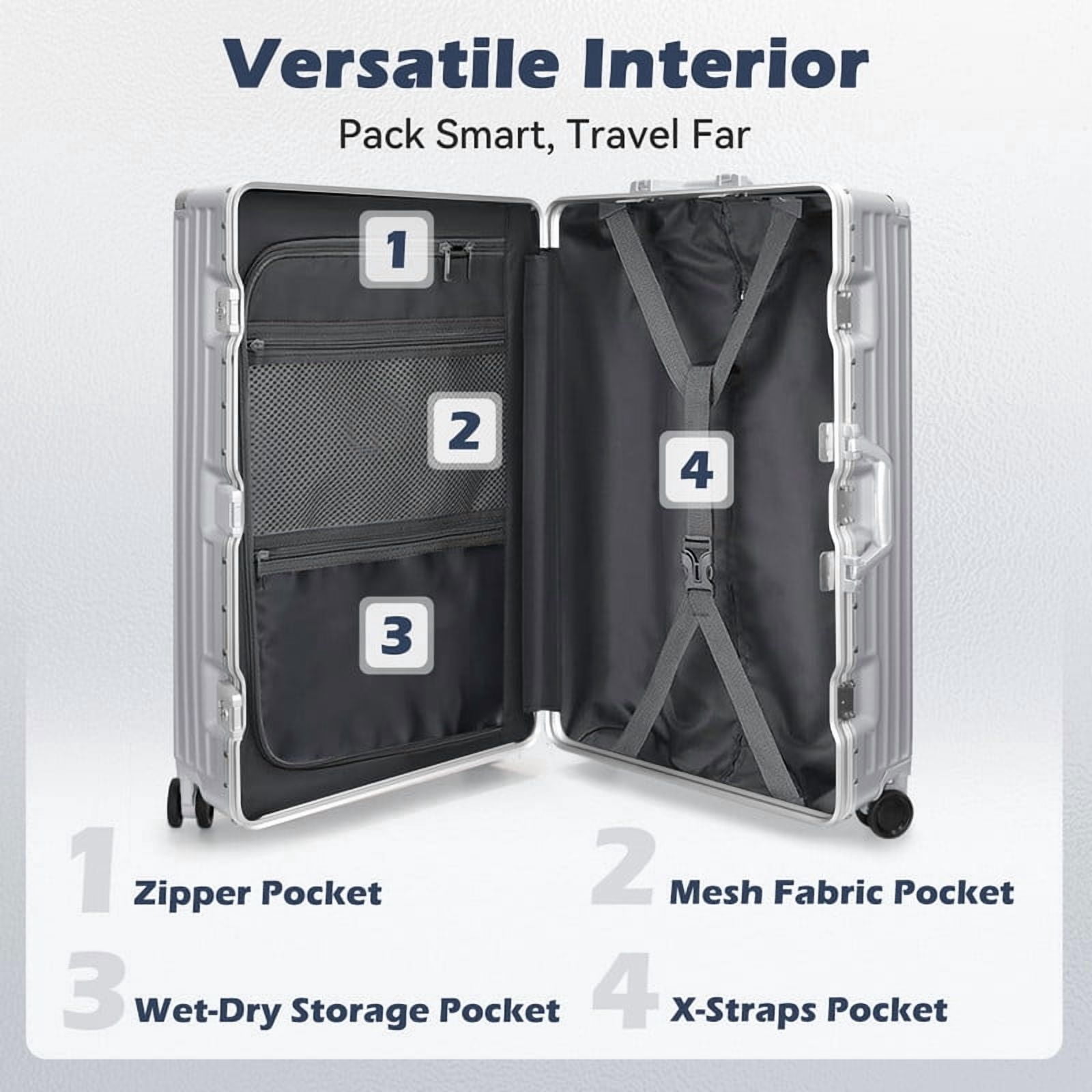Luggage Aluminium Frame PC ABS Hardshell Suitcase with Spinner Wheels TSA Lock Zipperless Luggage 28 inch Silver