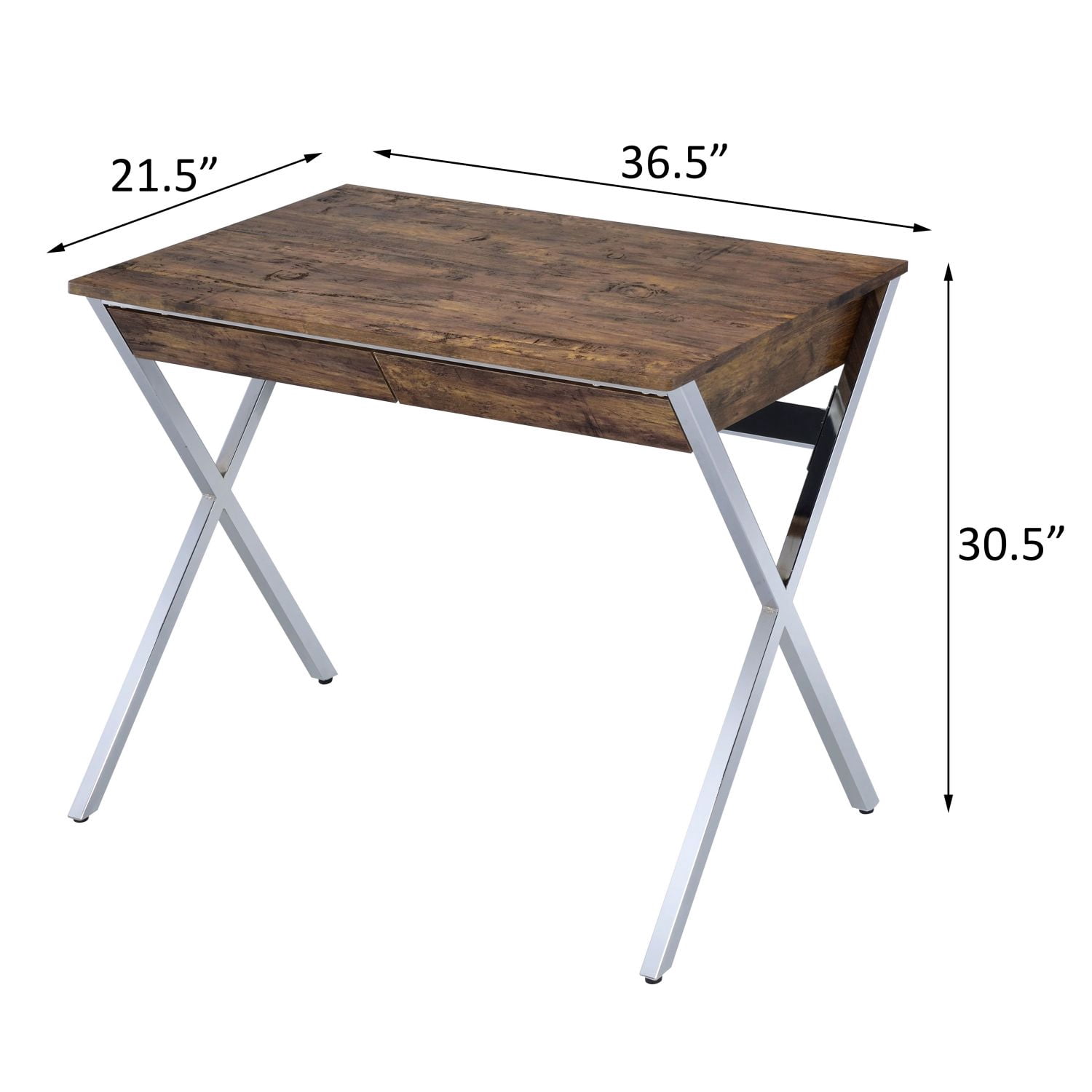 Writing Desk with 2 Drawers, Weathered Oak Wood Top and X-Shaped Metal Legs, 36.5 in Rectangular Home Office Desk