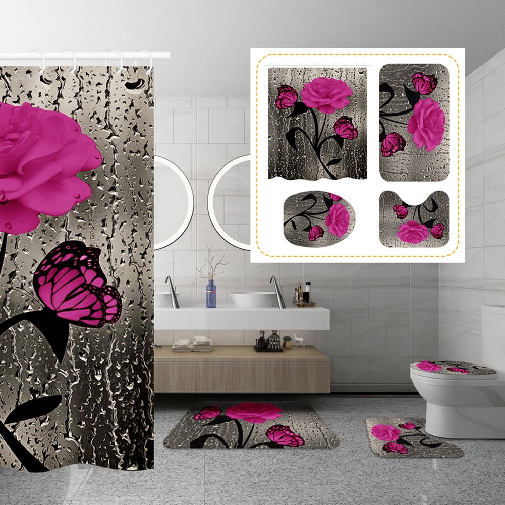 4 Pcs Bathroom Shower Curtain Set Pink Rose Shower Curtain Bathroom Sets Valentine's Day Shower Curtain Sets with Rugs(Bath Mat,U Shape and Toilet Lid Cover Mat) and 12 Hooks