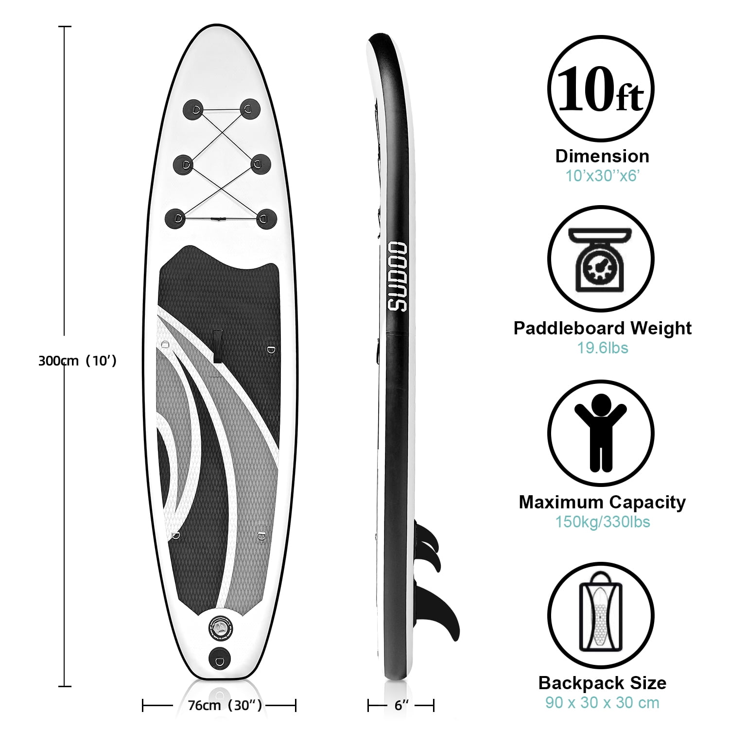 SUDOO Inflatable Stand Up Paddle Board 10‘x30‘‘, Ultra-Light SUP Board with Backpack, Pump, Paddle, Coil Leash, 3 Fins, Repair Kit, Stable SUP with Non-Slip EVA Deck for Adults & Youth
