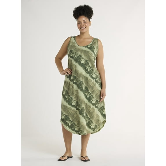 Women's Plus Size 2X Cotton Knit Tank Dress Green Multicolor