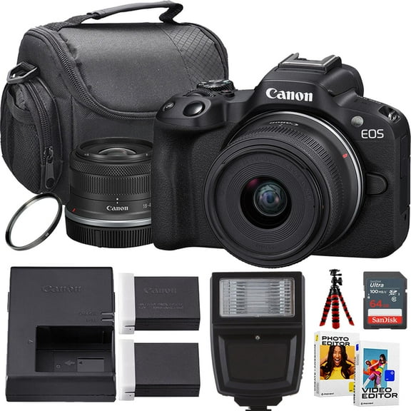 Canon EOS R50 Mirrorless Camera w/18-45mm Lens   Sandisk 64GB Ultra Memory Card   Camera Case   More (12pc Bundle)