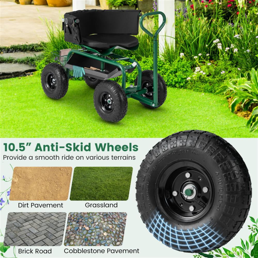 Resenkos Garden Utility Wagon Cart, Farm Wagon Cart,Cushioned Rolling Garden Cart Scooter with Storage Basket and Tool Pouch-Green