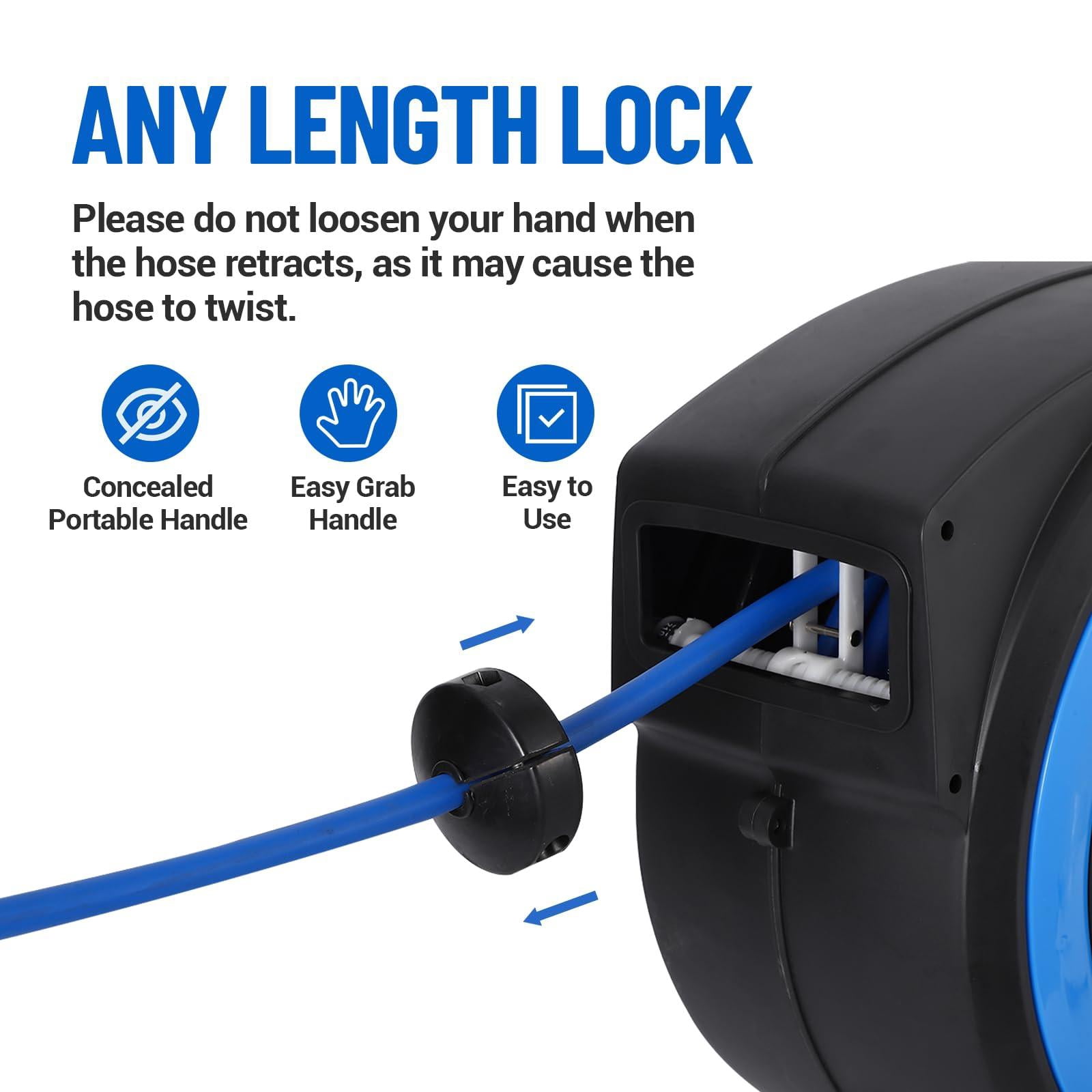 Wisykoke Enclosed Retractable Air Hose Reel 3/8 in x 65Ft Hybrid Hose Air Compressor Hose Reel with 5 Ft In Max 300 PSI Patented Design for Any Length Lock 180°Swivel Bracket Quick Coupler