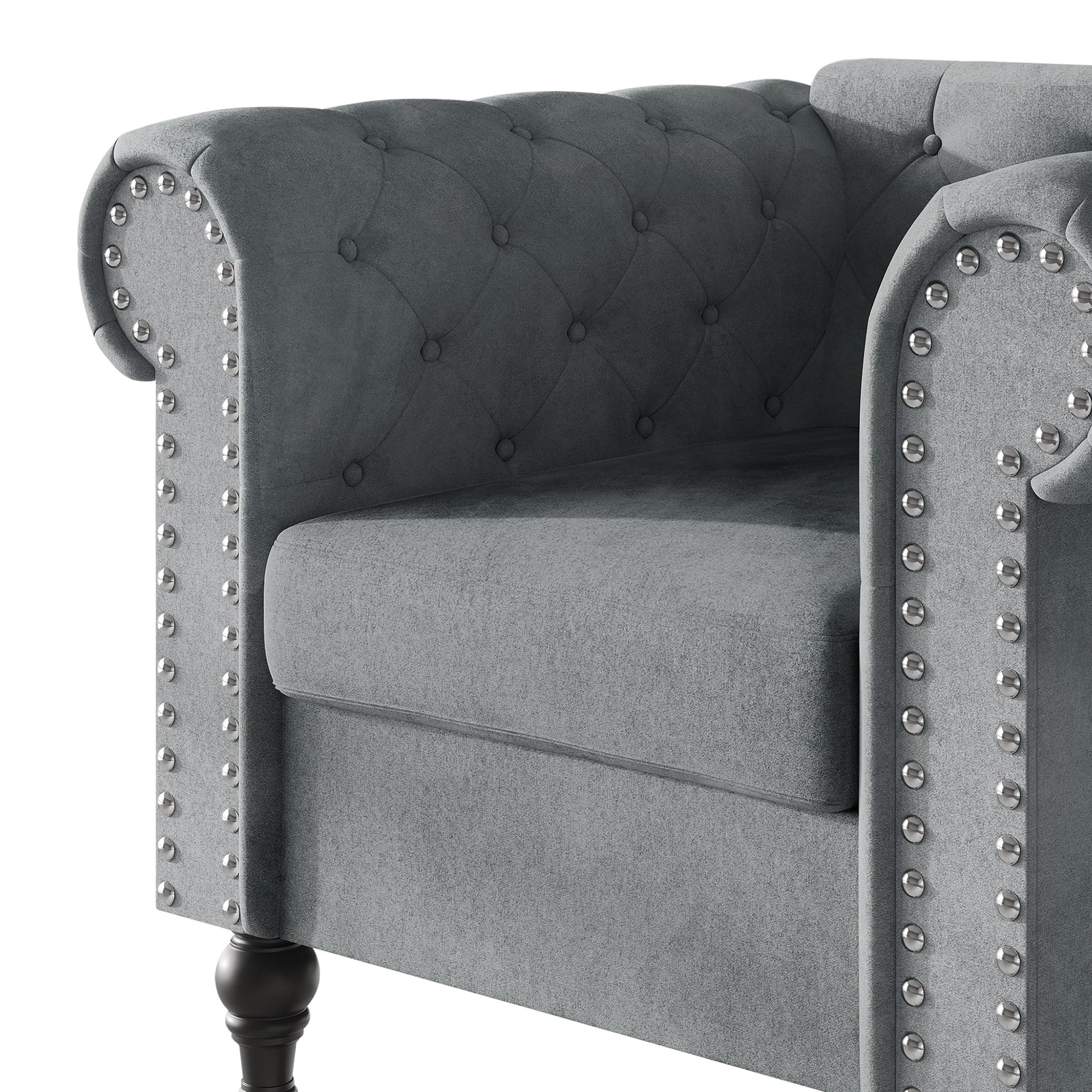 Home Design Kelso Velvet Rolled Arm Chair with Deep Button Tufting, Nailhead Trim and Turned Legs, Gray
