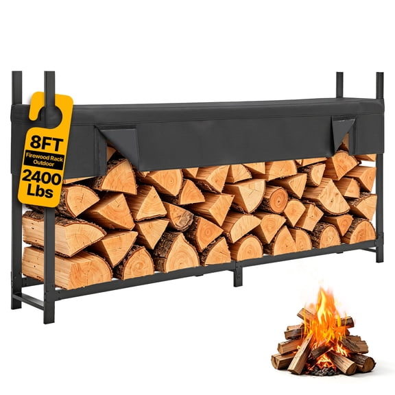 VEVOR Firewood Rack with Waterproof Cover 8ft 1/2 Cord Outdoor Wood Storage, for Fireplace Patio Deck, 2400 lbs Load Capacity Heavy Duty Fire Log Holder Stacker Stand, Metal Wood Pile Organizer,Black