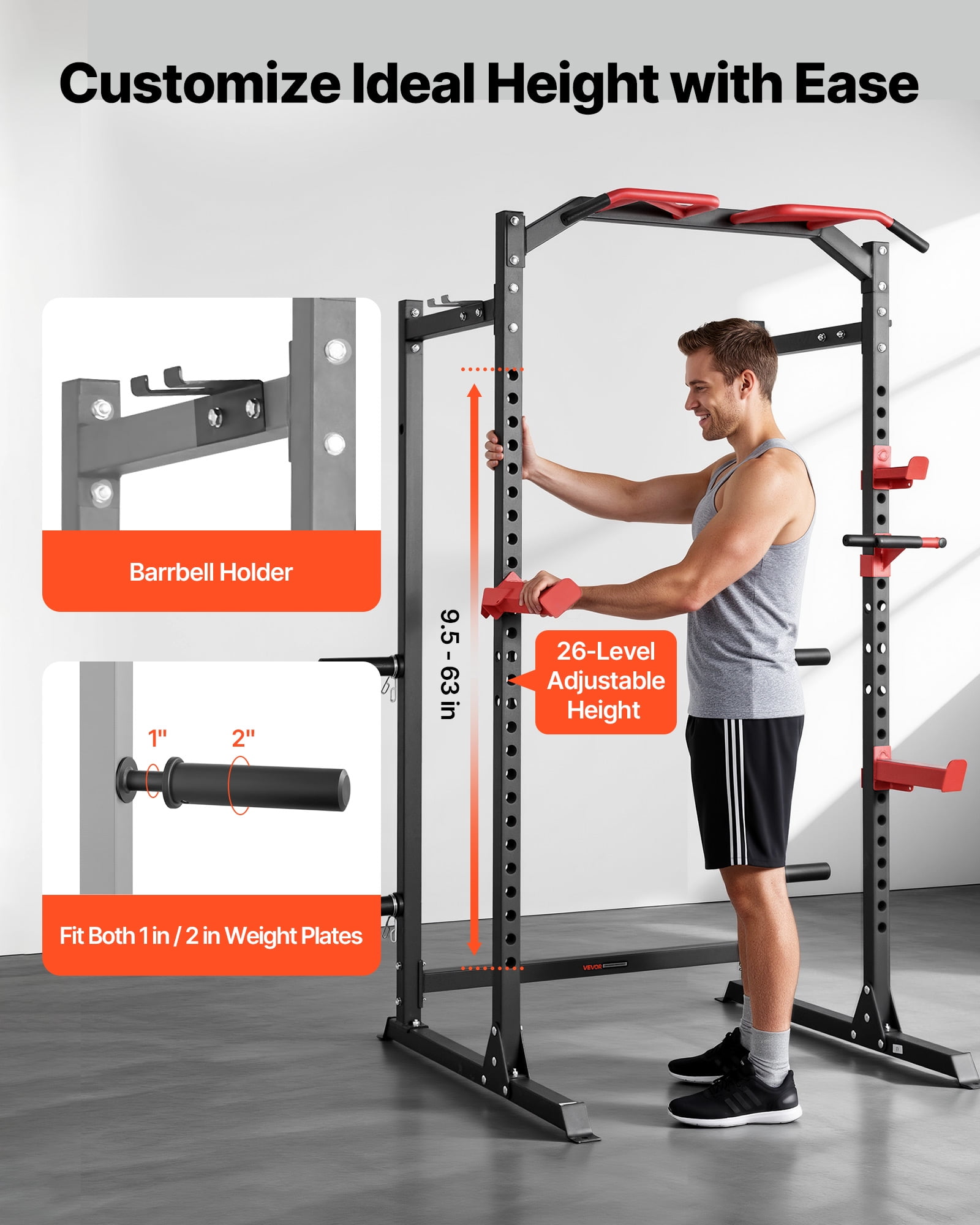 VEVOR Power Cage Power Rack, Multifunctional Barbell Squat Rack with Adjustable Height, Home Gym Strength Training Workout Equipment with J-Hooks & More Fitness Attachment