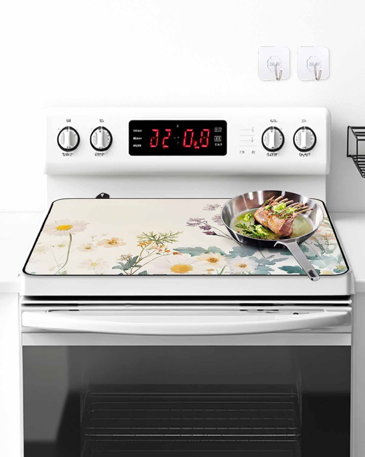 Stove Top Covers for Electric Stove, Watercolor Spring Floral Glass Stovetop Cover Protector, Farmhouse Daisy Green Botanical Induction Cooktop Protector Oven Mat for Kitchen Countertop 24"x21"