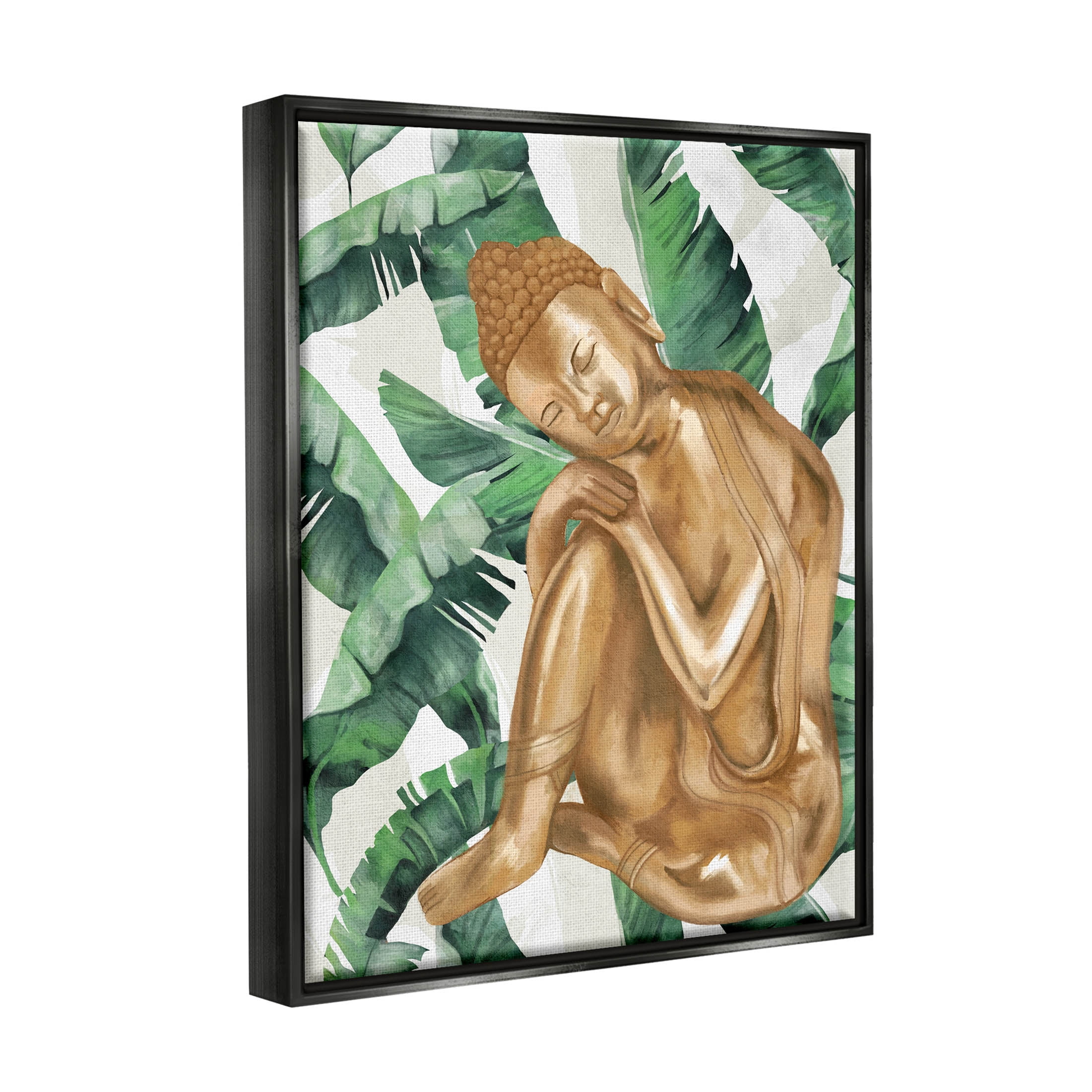 Stupell Industries Tropical Leaves Pattern Buddha Graphic Art Jet Black Floating Framed Canvas Print Wall Art, Design by Lil' Rue