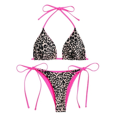 SWSMCLT Women s Sexy Bathing Suit Brazilian Bikini Set Tie Up Low Rise Leopard Print Halter Adjustable Two Piece Cheeky Rose Black Small