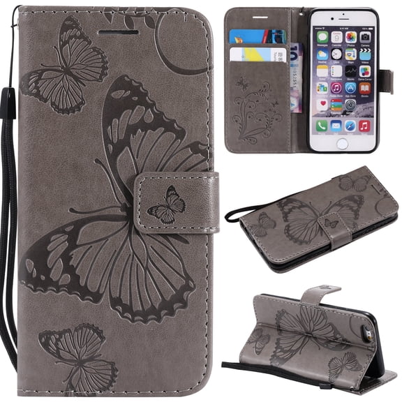 iPhone 6/6S Wallet case, Allytech Pretty Retro Embossed Butterfly Flower Design Pu Leather Book Style Wallet Flip Case Cover for Apple iPhone 6 and iPhone 6S, Gray