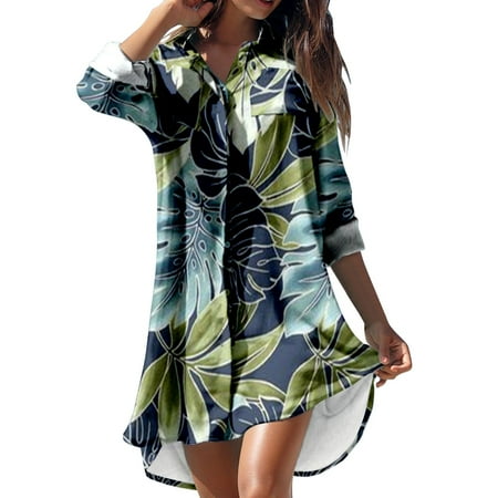 Bathing Suit Cover Up Women Swimsuit Dress Bikini Beach Tunic Top Crochet Women s Summer Casual Turn-down Collar Long Sleeve Printed Smock Buttons With Pocket Shirt Dresses Navy L