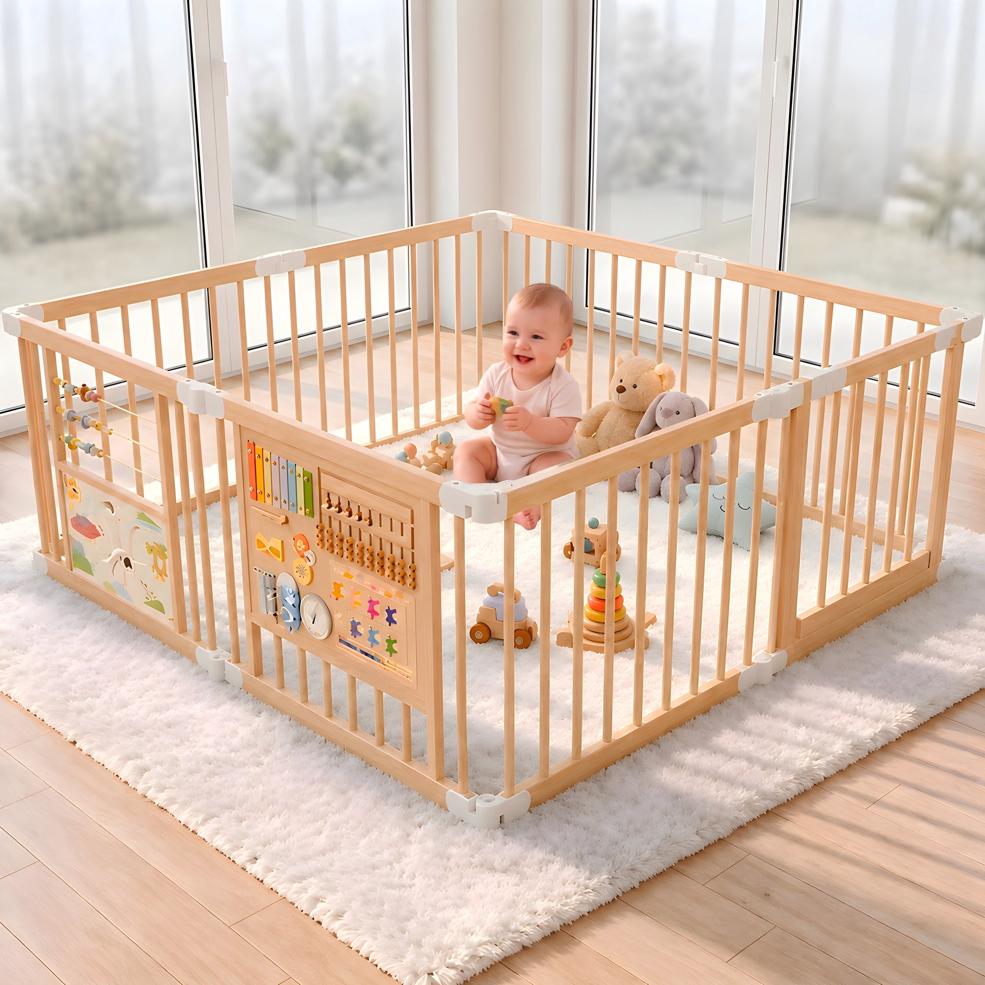 suihuooo Foldable Wooden Baby Playpen Playard, Wooden Foldable Baby Play Yard for Toddlers,Portable Foldable Playpen,63"x63"x24"