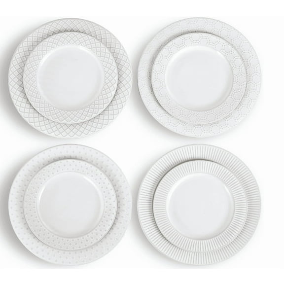 BVIEAKD Set of 8 Embossed White Ceramic Plates (48 inch + 410 inch) Elegant Dinnerware for Daily Family Meals, Dinner Parties, Perfect for Serving Steak, Salad & Desserts, Ideal Gift