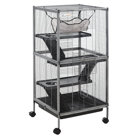 Pet Cage for Hamsters and Ferrets, 3-Tier Steel Wire Structure with 3 Ramps, Removable Tray and Wheels, Gray