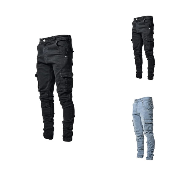 Jeans for Men Fashion Casual Mid Waist Straight Leg Cargo Denim Pants with Pockets Trousers