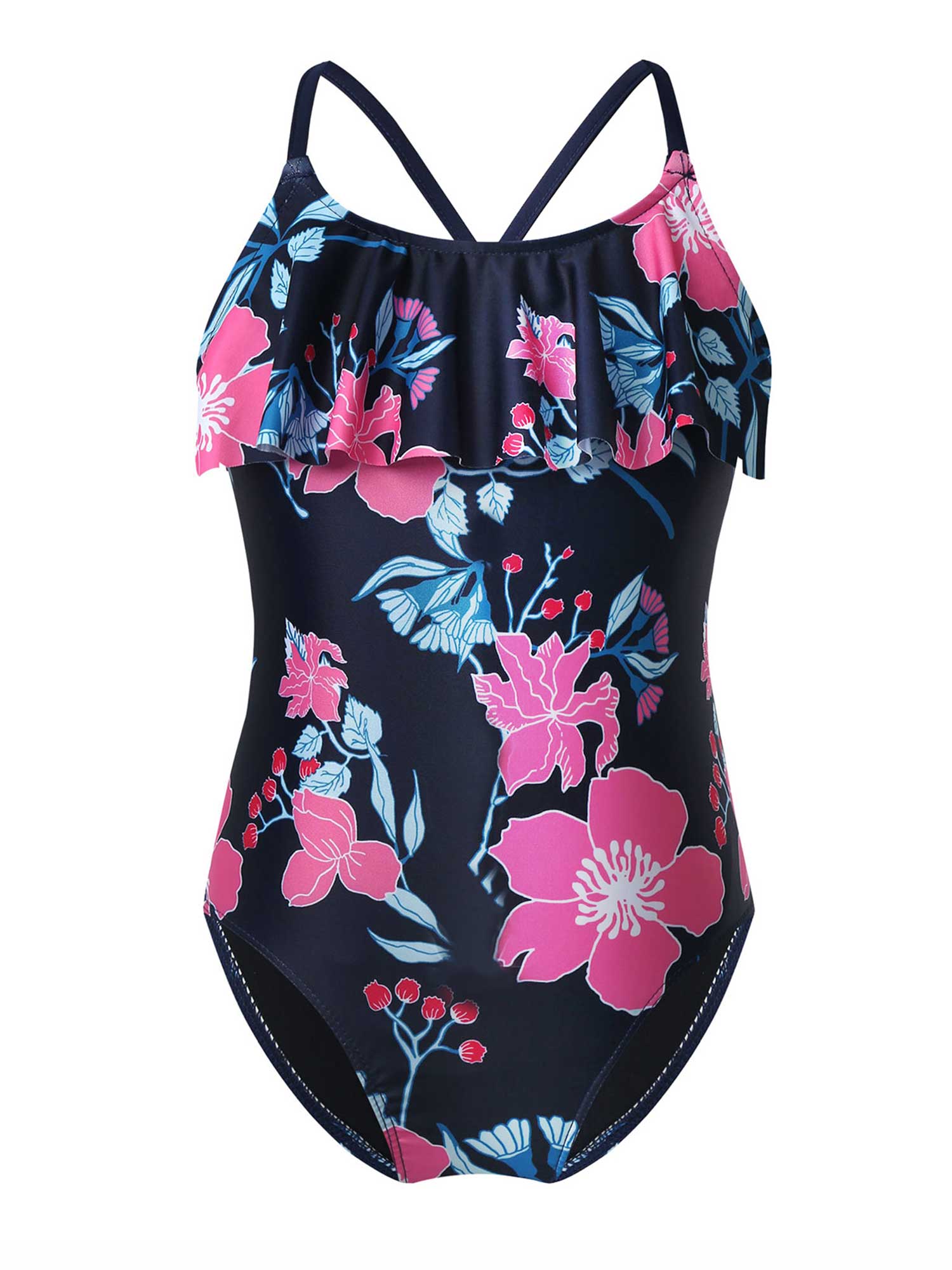 YEAHDOR Girls Ruffled Neck One Piece Swimsuit Floral Print