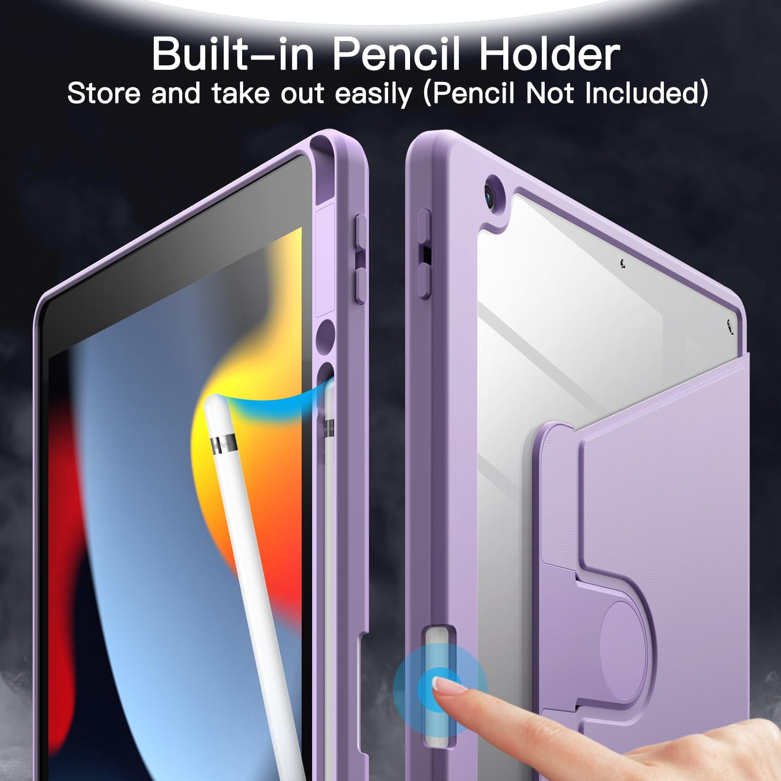 JETech Rotating Case for iPad 9/8/7 (10.2-Inch, 2021/2020/2019 Model, 9th/8th/7th Generation) with Pencil Holder, 360 Degree Rotation Stand Cover Clear Back, Auto Wake/Sleep (Light Purple)