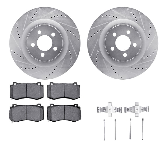 Dynamic Friction Company Front Brake Rotors-Drilled and Slotted-Silver with 5000 Euro Ceramic Brake Pads includes Hardware 7612-39000