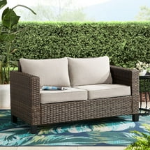 Better Homes & Gardens Brookbury Outdoor Porch Loveseat- Beige Polyester Cushions