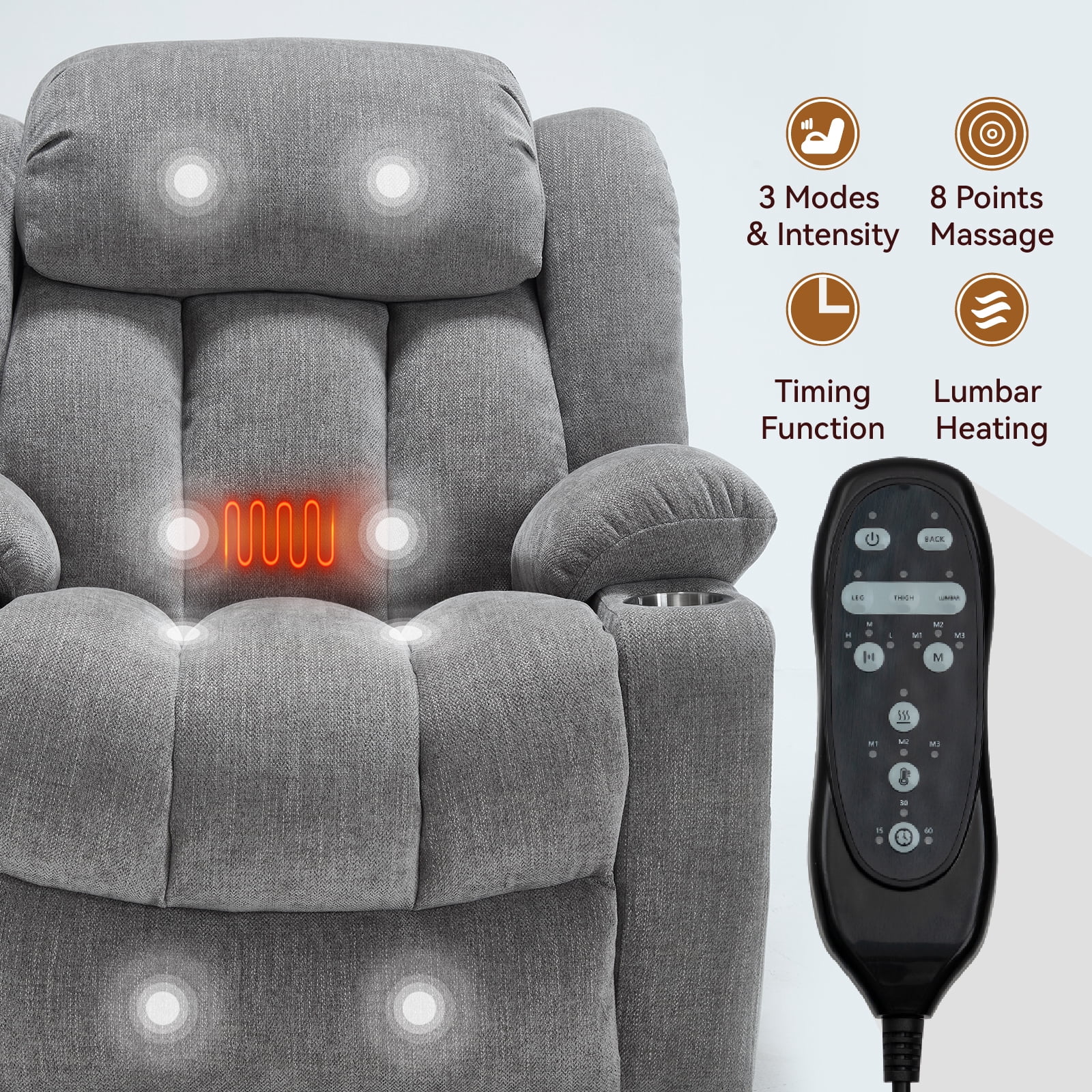 Alvantor Large Power Lift Recliner Chair for Elderly with Massage and Heat Chenille Electric Recliners Chair with USB Ports & Cup Holders for Living Room Grey