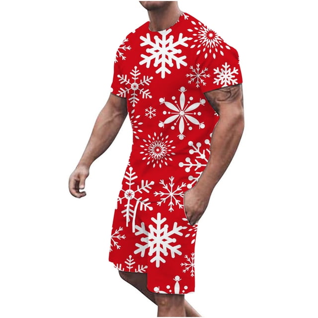 Conjunto de blusa y pantalones de manga corta con estampado 3D de camiseta de cuello redondo de Navidad informal para hombres Pompotops oipoqjl35883