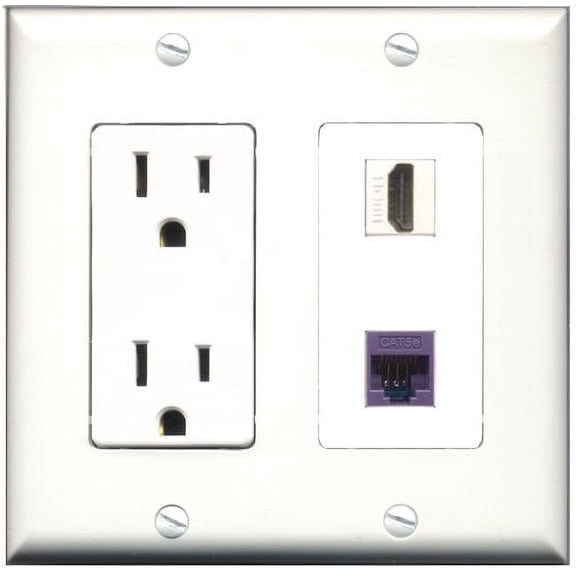 RiteAV - 15 Amp Power Outlet and 1 Port HDMI and 1 Port Cat5e Ethernet Purple Decorative Type Wall Plate White