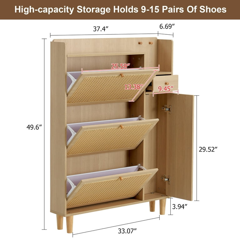 Rattan Shoe Cabinet, Shoe Storage Cabinets with 3 Rattan Decorated Flip  Drawers, Freestanding 3 Tier Wood Shoe Racks Organizer, Applicable to  dressing table in bedroom, porch, living room. 