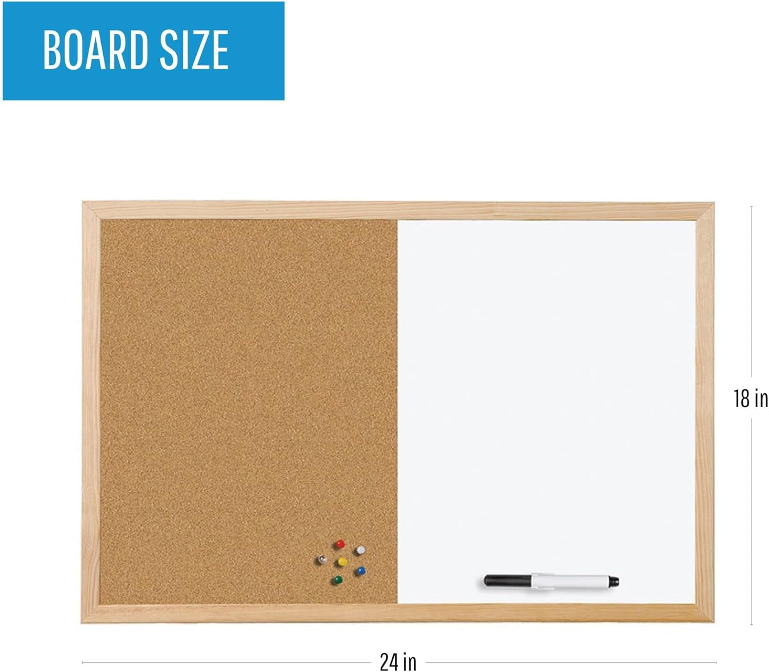 Cork & Dry Erase Combo Board, 18" x 24", Dry Erase White Board/Cork Bulletin Board Combo, Pine Wood Frame