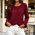 thumbnail image 3 of Womens Flounce Sleeve Blouses Crew Neck Loose Fit Elegant Casual Fall Long Ruffle Sleeve Office Shirt Wine 2XL, 3 of 7