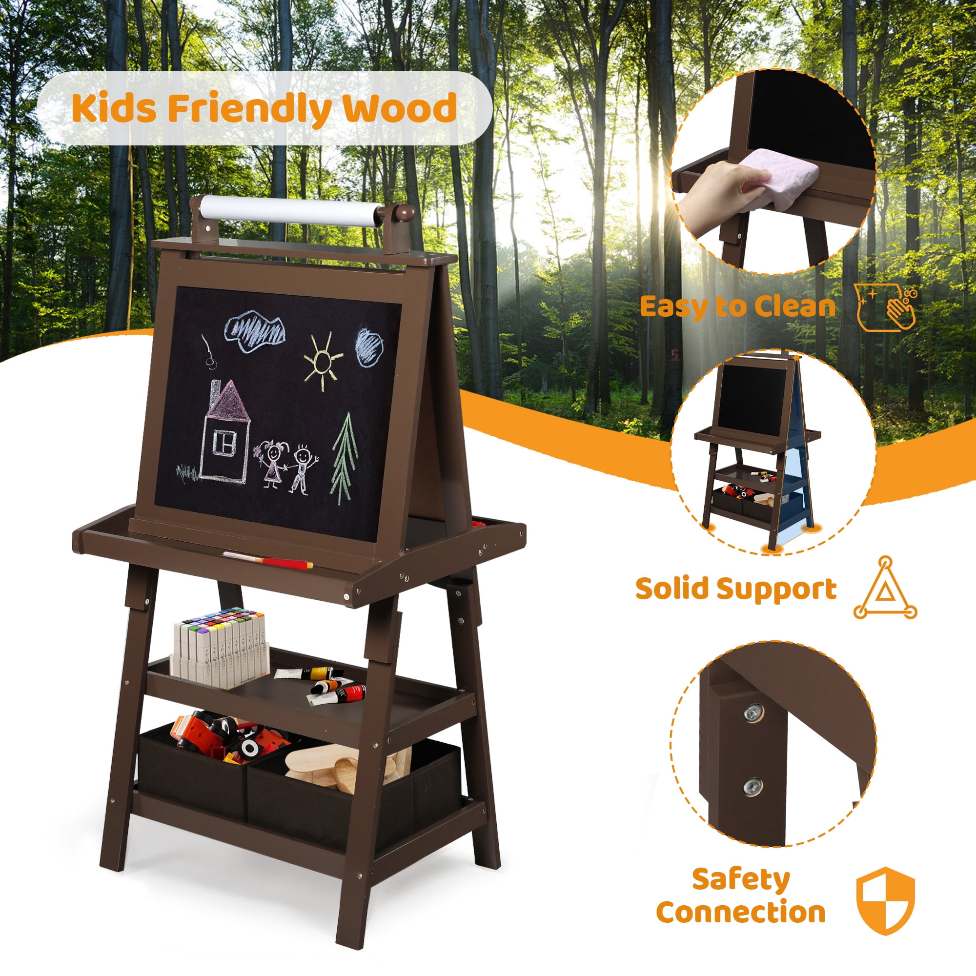 AILEEKISS 3 in 1 Kids Art Easel Double-Sided Magnetic Whiteboard Chalkboard with Paper Roller, Coffee