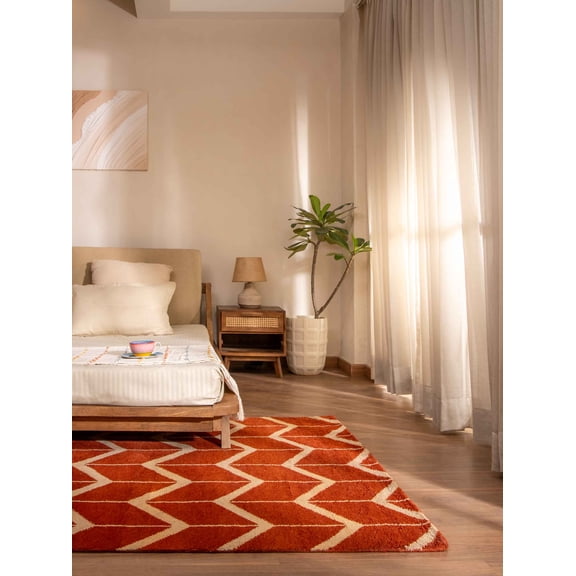 Hand Knotted Wool Geometric Modern Area Rugs - 8'X10', Rectangle Shape, Red Beige Color, Classic Traditional Design, Low Pile Handmade Area Rugs For Living Room, Bed Room (N01052)