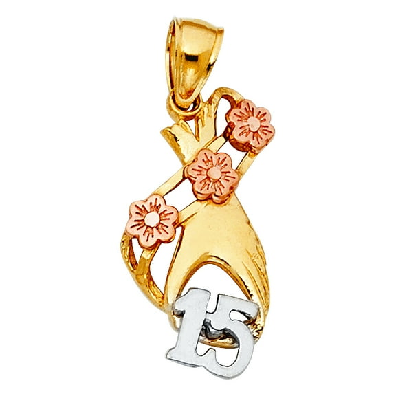 14k Yellow Gold and White Gold 15 Years Love Heart Pendant Necklace 12x21mm Pendant for Women