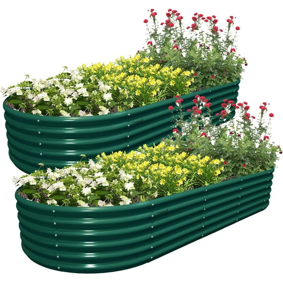 2 Pack 8x3x1.5FT Galvanized Raised Garden Bed Kit Oval Metal Ground Planter Box Outdoor Bottomless Planter Raised Beds for Vegetables Flowers Herbs Fruits, Green