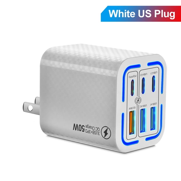 FOBIANJIE-50W USB-C and USB-A wall charger, Type-C charger, six-port cube design power adapter, multi-port plug, white/black/yellow – compatible with iPhone, iPad, AirPods, Samsung Galaxy, Note, Pixe
