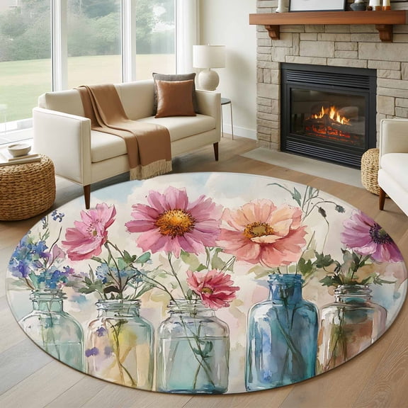 Round Rugs 5Ft, Colorful Flowers Round Area Rug Washable Indoor Throw Carpet, Country Retro Watercolor Spring Floral Soft Non Slip Circle Rug for Cabinet Bathroom Home Decor Aesthetic