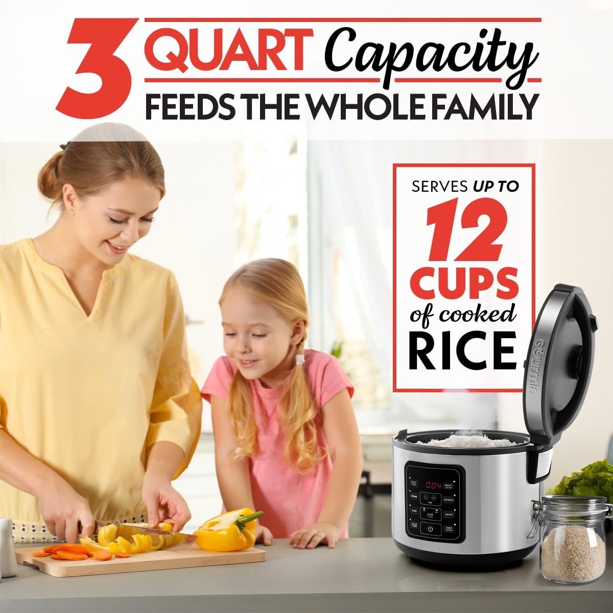 Gourmia 3 Qt Rice & Grain Cooker & Steamer 12 Cup Cooked (6 Cup Uncooked) Stainless Steel