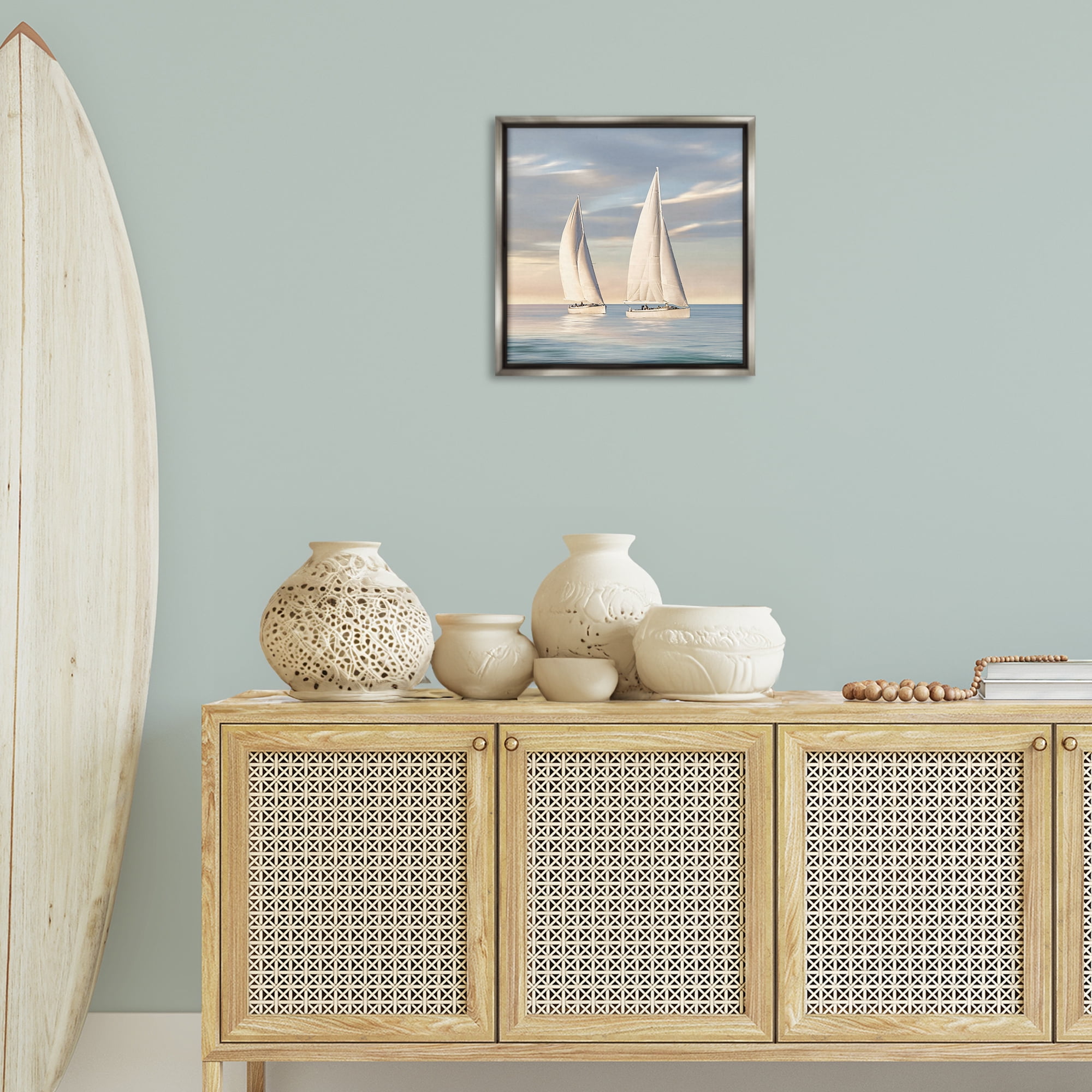 Stupell Industries Two Mighty Sailboats Transportation Painting Gray Floater Framed Canvas Art Print Wall Art, 18 x 18