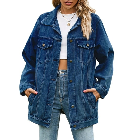 Womens Trendy Long Sleeve Denim Jackets Button Down Fitted Trucker Shacket with Pockets Dark Blue L