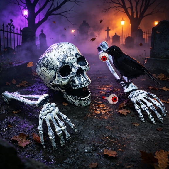 WETRBWEH Halloween Skeleton Stakes with Crow and Red Eyes Garden Halloween Decorations for Lawn Outdoor