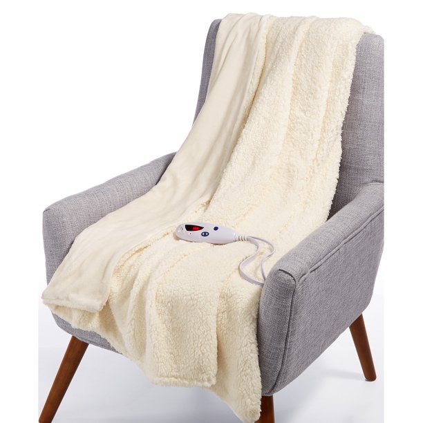 Biddeford Velour Sherpa Electric Heated Throw Blanket Cream