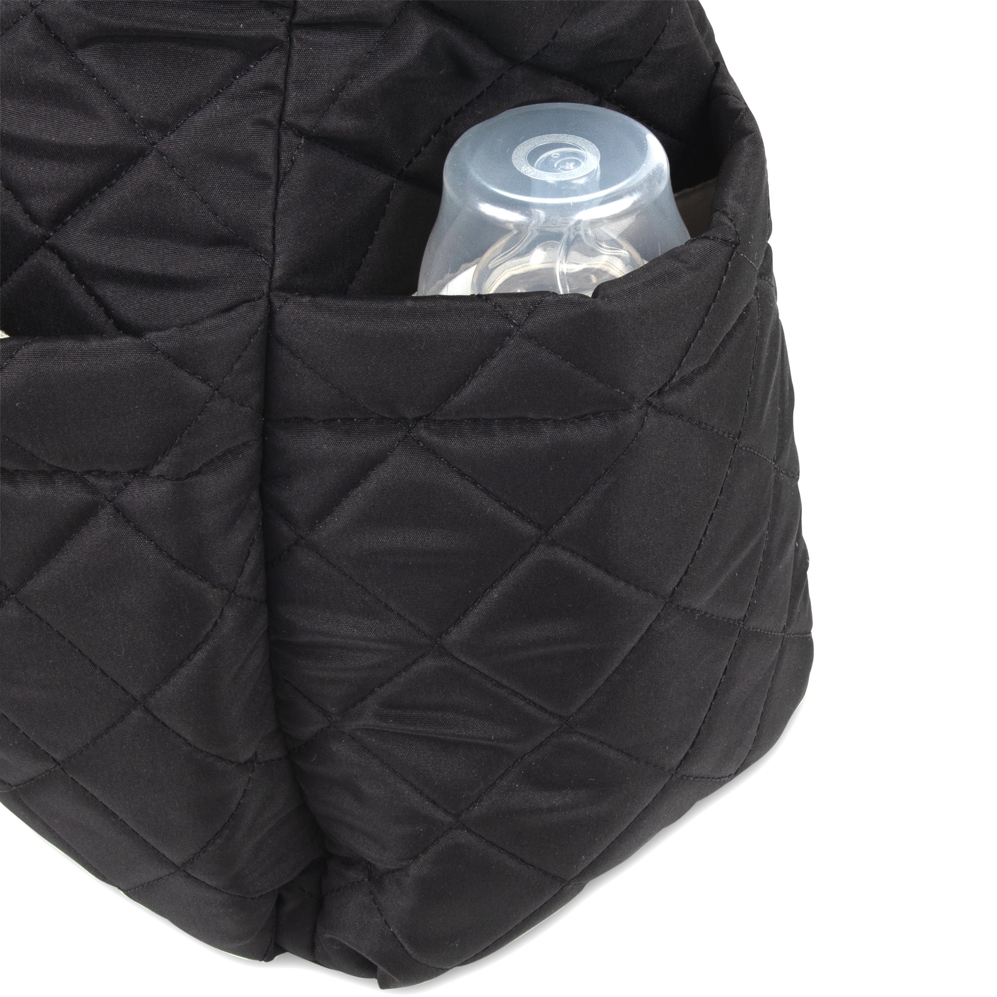 Baby Essentials 3 Piece Multi-Pocket Quilted Diaper Bag Tote with Removable Luggage Strap and Matching Changing Pad in Black
