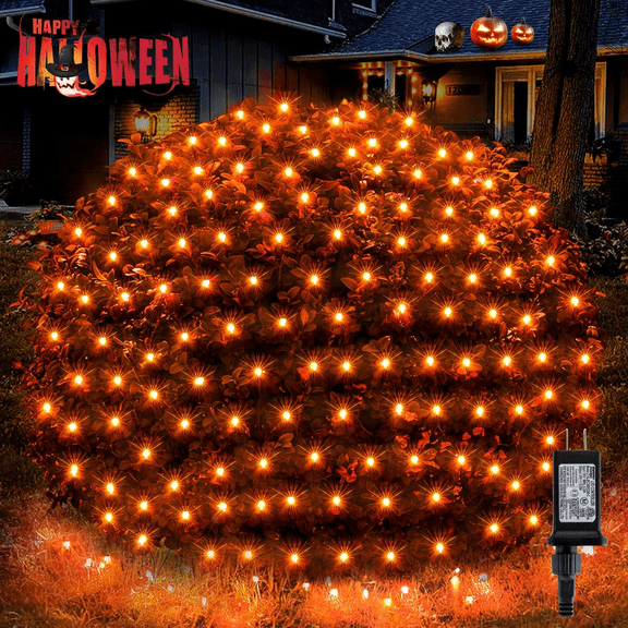 Halloween Lights 200 LED 8.4ft x 5.2ft Orange Net Lights with 8 Modes, UL Certified, Timer, Connectable, Waterproof, Dark Green Wire for Trees, Bushes, Shrub, Lawn Halloween Decorations Outdoor
